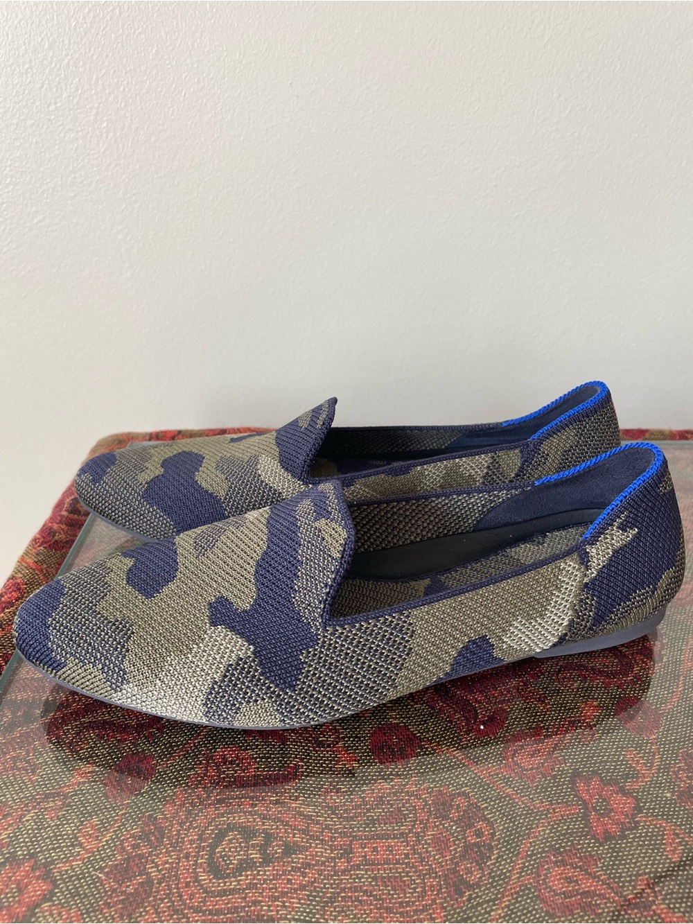 Rothy's Blue and Olive Camouflage Knit Slip-On Loafers NWOT